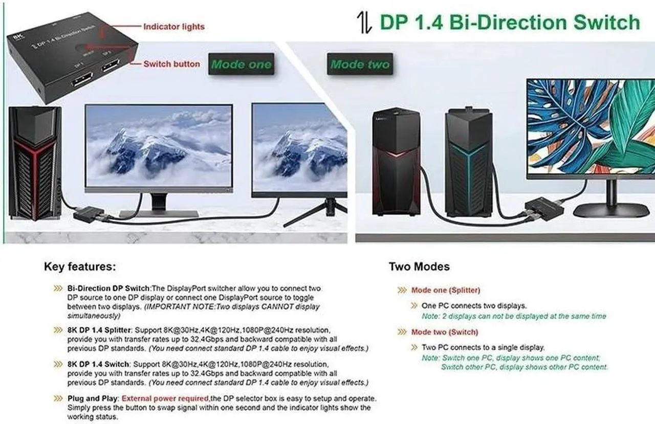 Alt view image 6 of 6 - DisplayPort 1.4 Bi-Direction Switch Splitter 1X2 or 2x1 DP 1.4 KVM 8K@30Hz 4K@144Hz for Multiple Source and displays switcher