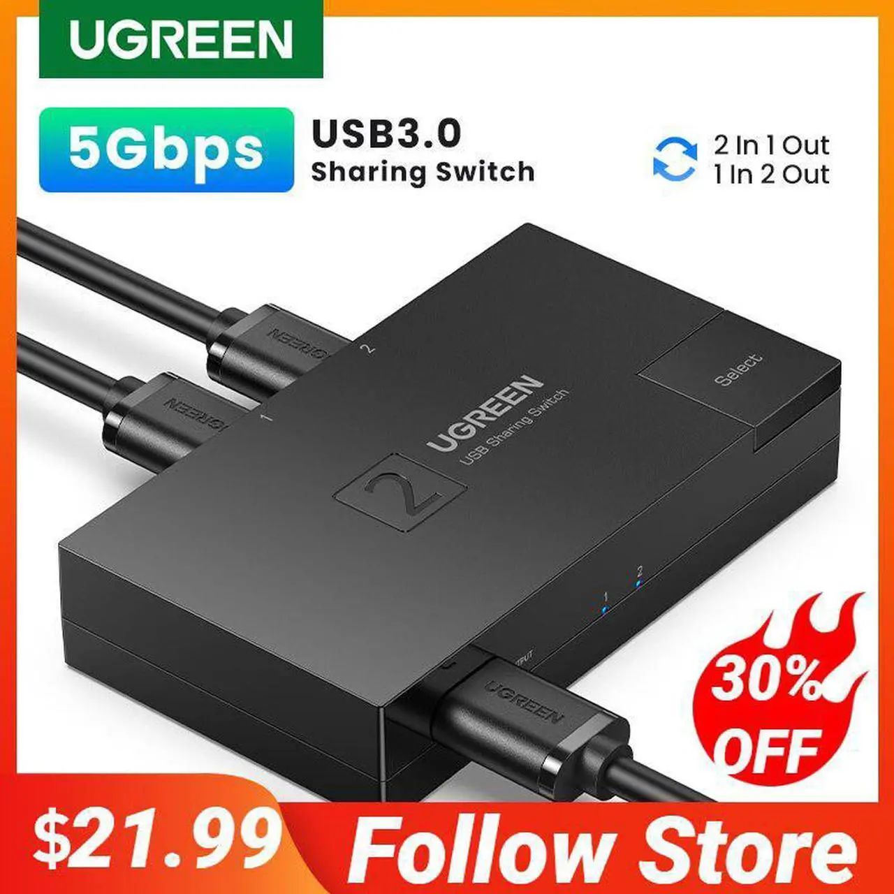 Main image of UGREEN USB 3.0 Switch Selector 2 Computers Share 1 USB Port Switcher Work with Hub for Keyboard Mouse U-Disk Printer Scanner