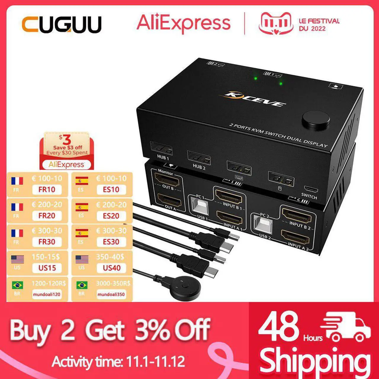 Main image of New HDMI 60Hz KVM 2 In 2 Out Dual Monitor Switcher Controls 2 Computers Or Laptop Monitors Dual Input Display No Driver Required
