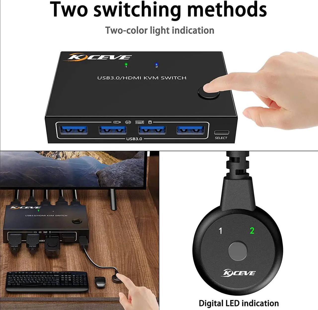 Alt view image 4 of 6 - KCEVE USB 3.0 KVM Switch HDMI 2 Port Support 4K@60HZ Simulation EDID,HDMI USB Switch for 2 Computers Share 1 Monitor and 4 USB 3
