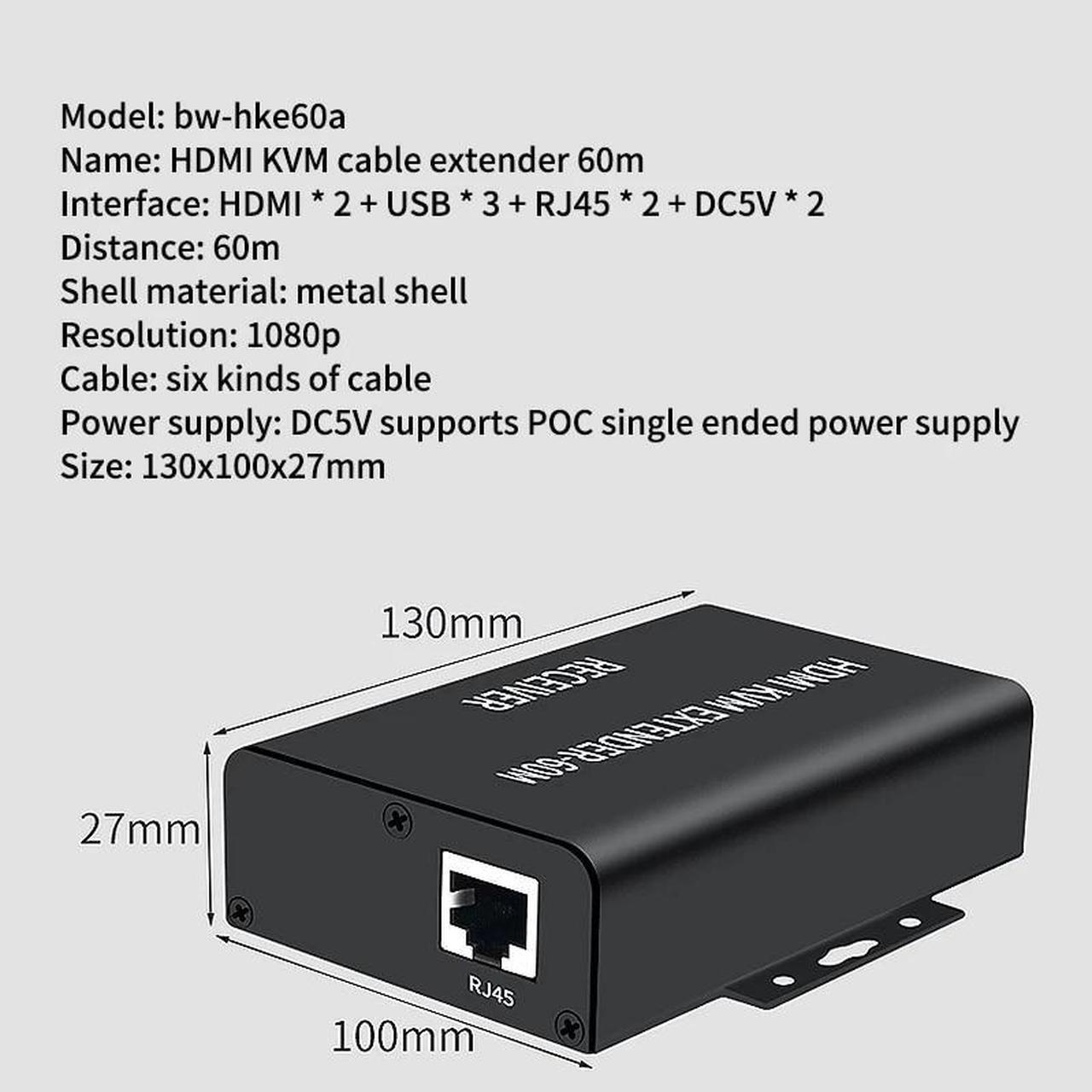 Alt view image 5 of 6 - HDMI KVM Extender 60M over Cat5/6 Ethernet Cable HD 1080P HDMI USB KVM Extender Audio Video Sync Transmit Support Keyboard Mouse