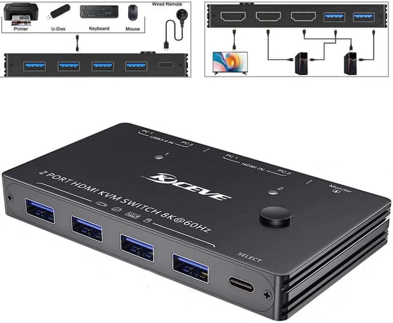 Main image of 2 PCs share 1 monitor and 4 USB3.0 devices USB Hub 8k@60Hz Multi-function 2 In 1 Out 2-Ports HDMI KVM Switch Splitter Adapter