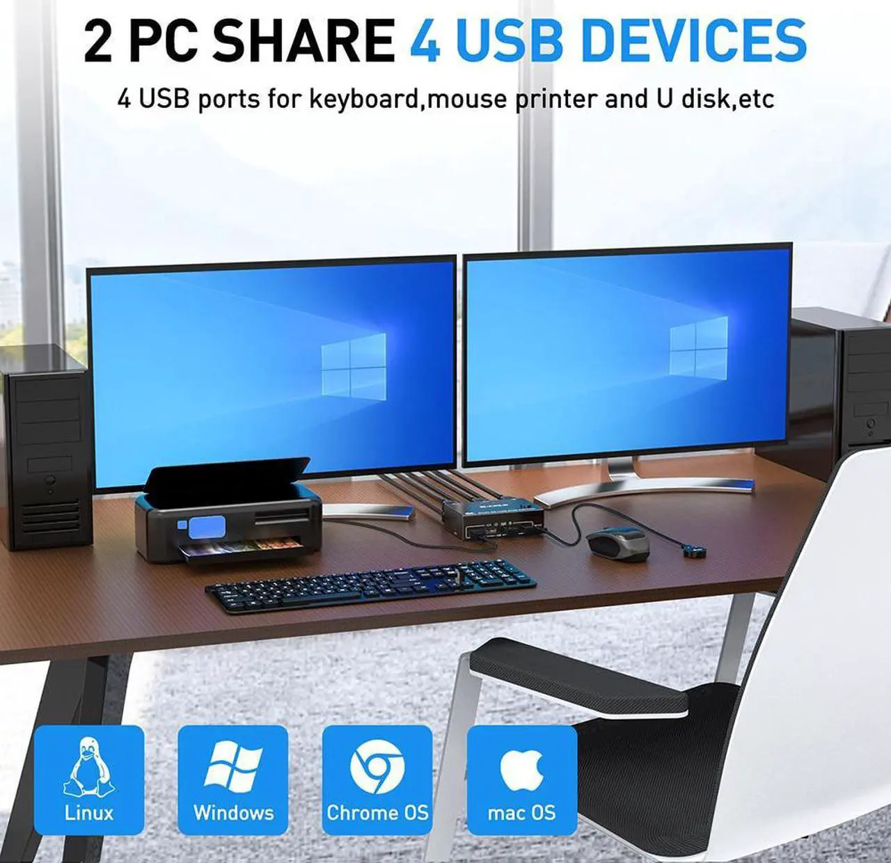 Alt view image 5 of 6 - DP KVM Switch Dual Display Switcher Cable Displayport 1.4 Extended Display 2 PC Or Laptop Share Keyboard Mouse Printer Monitors