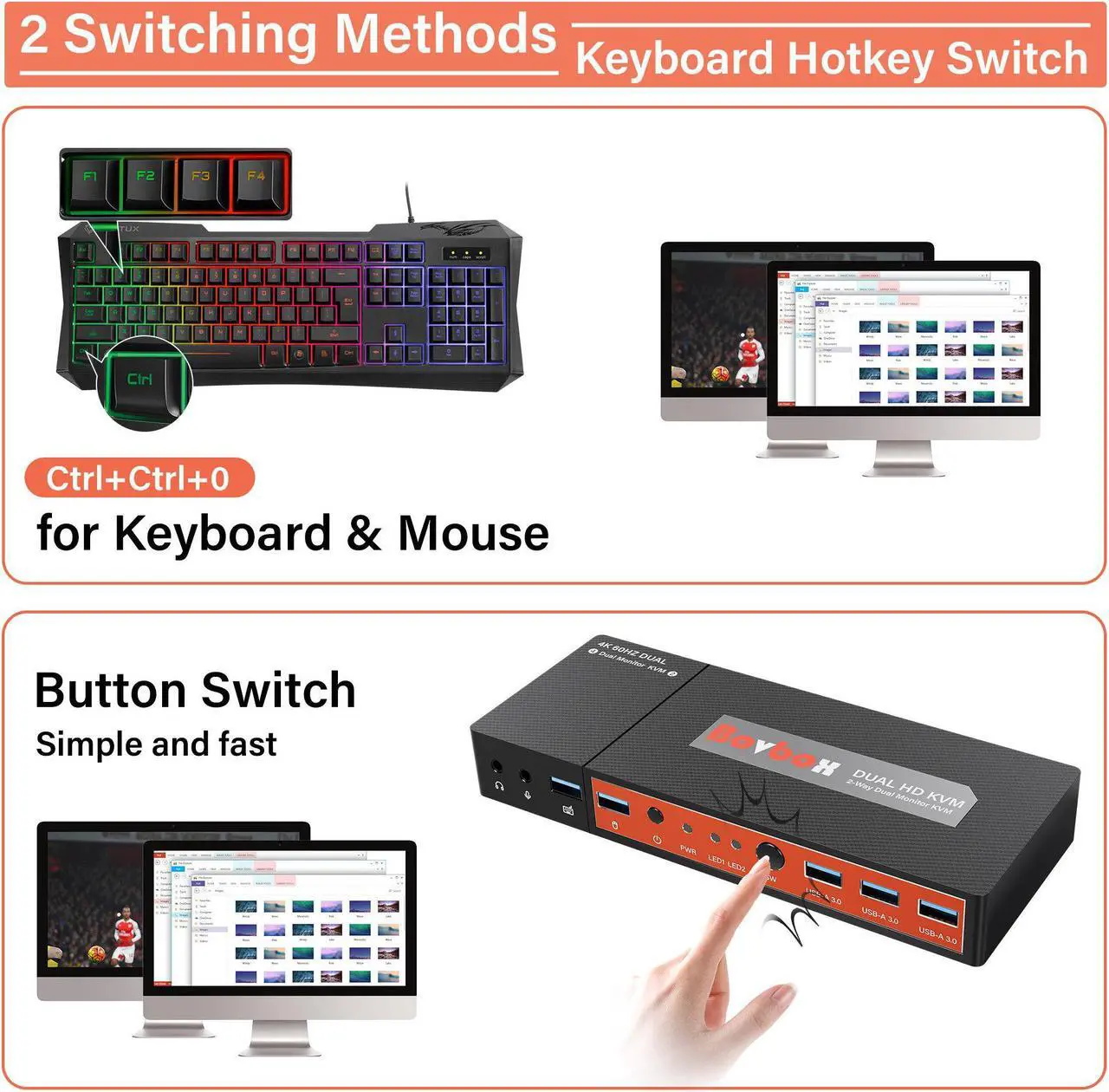 Alt view image 6 of 6 - 4K 60hz HDMI Dual Monitor KVM Switcher 2 Computer Extended Display Copy Mode 2 PC Share One Keyboard Mouse 2 Monitor 3 USB 3.0