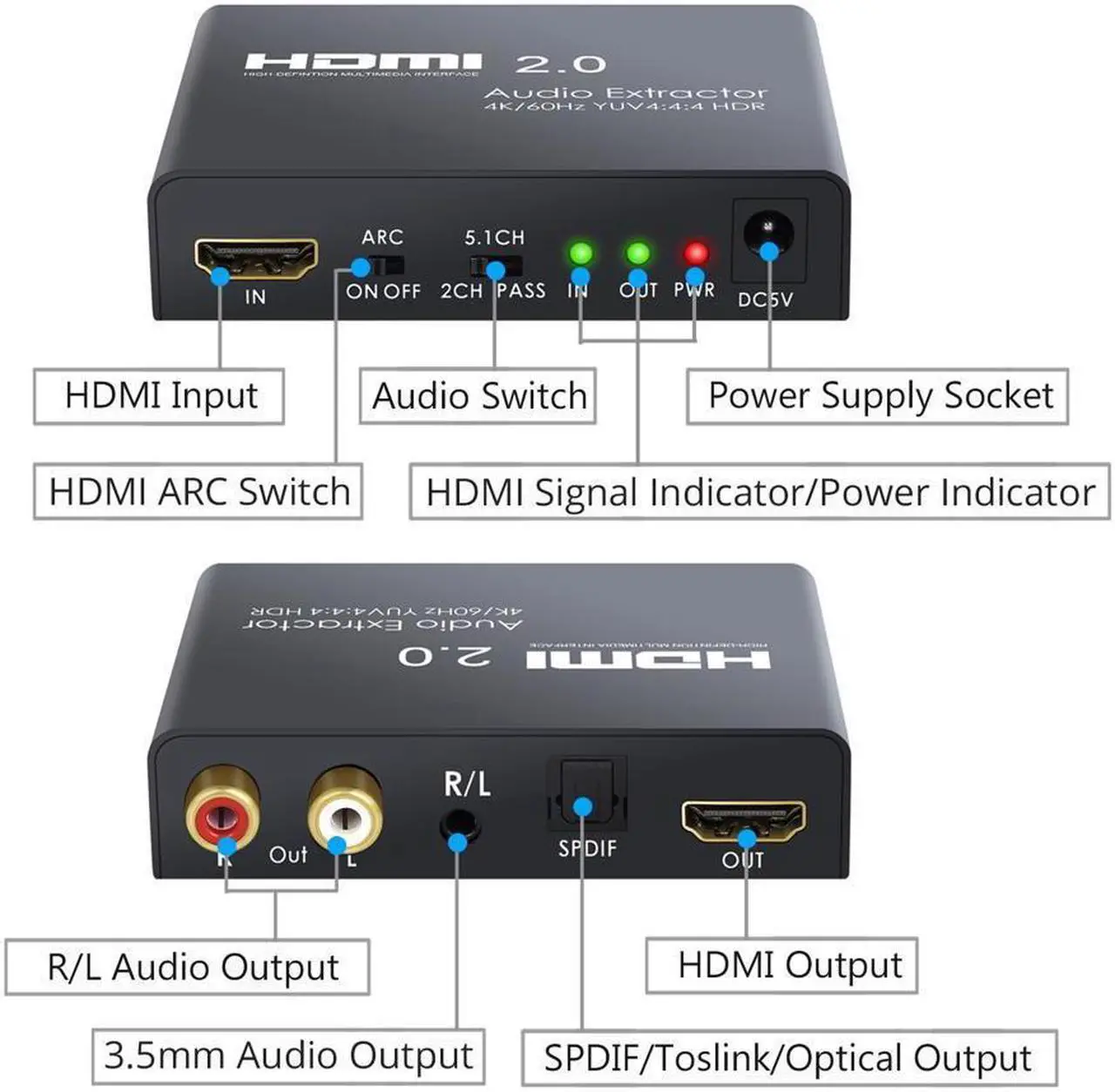 Alt view image 2 of 7 - HDMI Audio Extractor HDMI 2.0 to Optical TOSLINK SPDIF RCA L/R 3.5mm Headphone HDMI 2.0 Audio Extractor Support 4K 60Hz YUV 4:4:4 and HDR Adapter