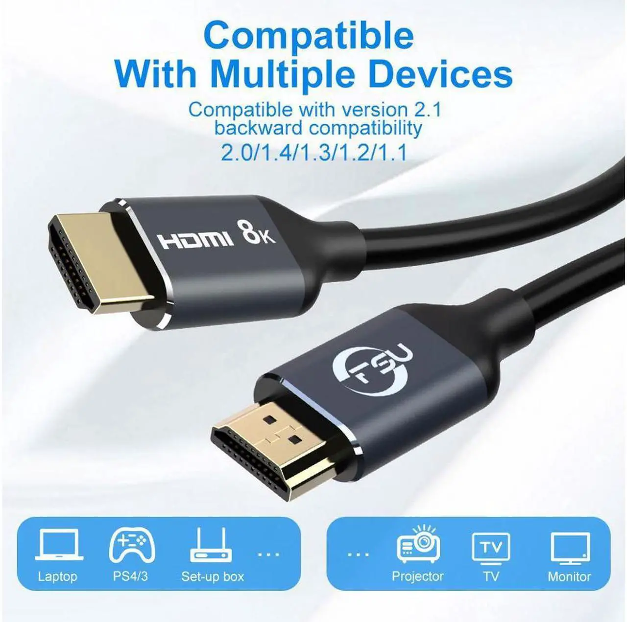 Alt view image 3 of 7 - 1m/3.28ft 2m/6.56ft 8K High Speed HDMI 2.1 Cable [8K/60Hz 4K@120Hz/60Hz] 48Gbps 3D Male to Male HDMI Cable Cord for PS4 HD TV Box Projector Cable