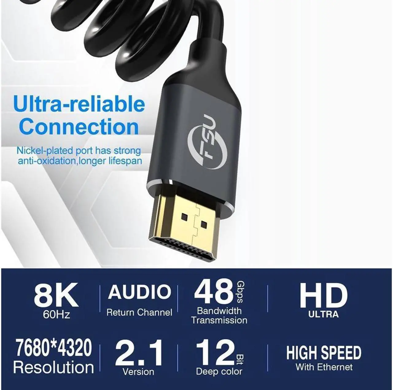 Alt view image 2 of 7 - 1m/3.28ft 2m/6.56ft 8K High Speed HDMI 2.1 Cable [8K/60Hz 4K@120Hz/60Hz] 48Gbps 3D Male to Male HDMI Cable Cord for PS4 HD TV Box Projector Cable