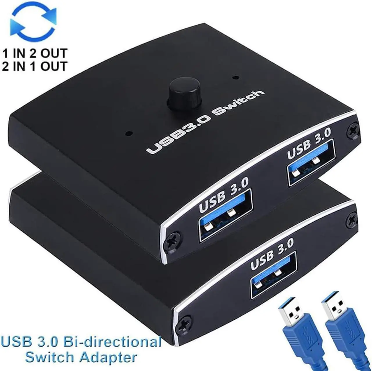 Main image of USB 3.0 Switch Selector, Bi-directional USB Sharing Switch [2 in 1 Out/ 1 in 2 Out], USB 3.0 KVM Switcher Adapter for Keyboard, Mouse, Scanner, Printer  etc.. (2 Pack USB 3.0 Cable Included)