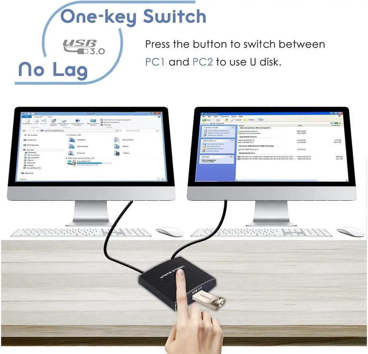 Alt view image 4 of 7 - USB 3.0 Switch Selector, Bi-directional USB Sharing Switch [2 in 1 Out/ 1 in 2 Out], USB 3.0 KVM Switcher Adapter for Keyboard, Mouse, Scanner, Printer  etc.. (2 Pack USB 3.0 Cable Included)