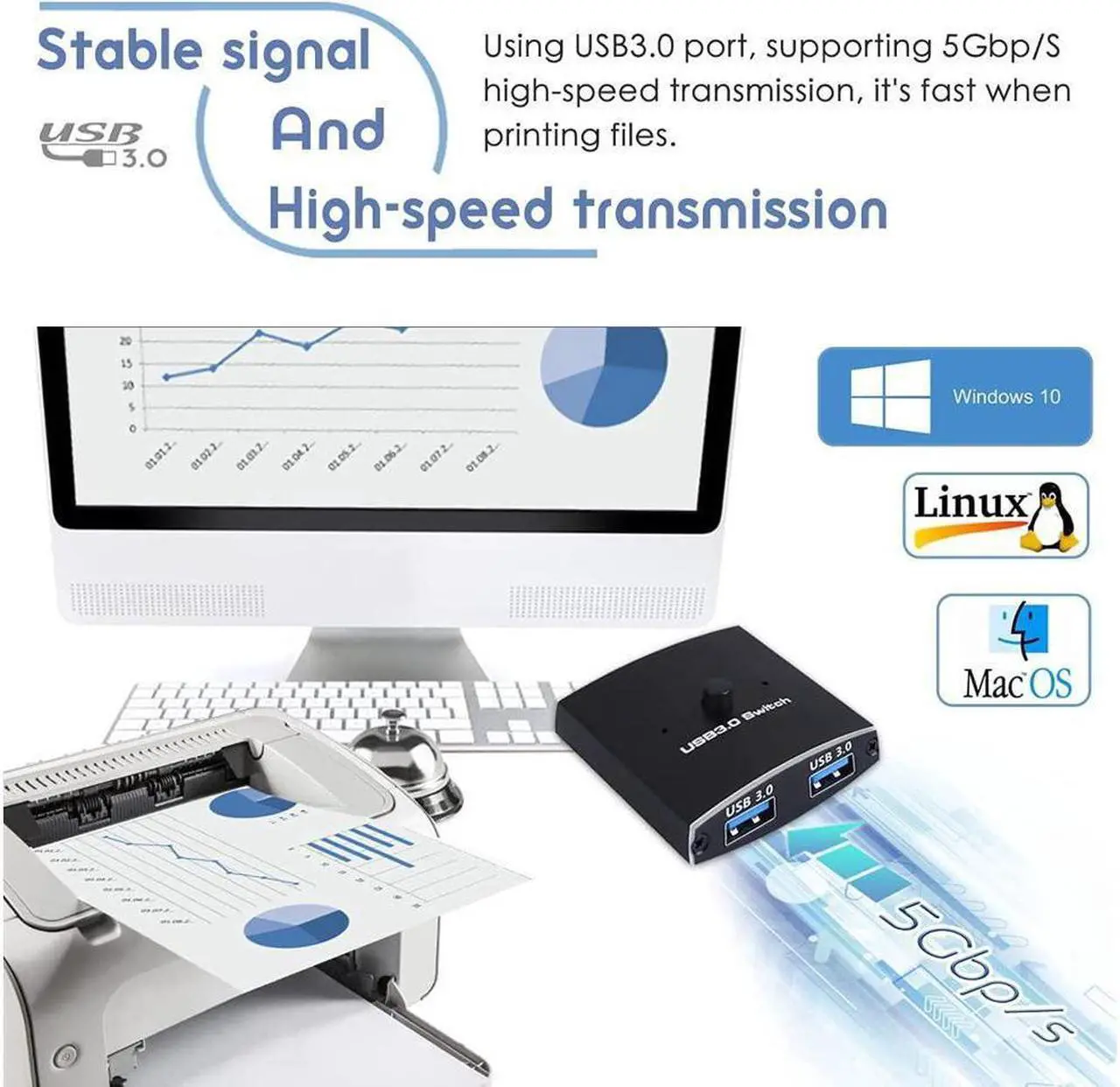 Alt view image 7 of 7 - USB 3.0 Switch Selector, Bi-directional USB Sharing Switch [2 in 1 Out/ 1 in 2 Out], USB 3.0 KVM Switcher Adapter for Keyboard, Mouse, Scanner, Printer  etc.. (2 Pack USB 3.0 Cable Included)