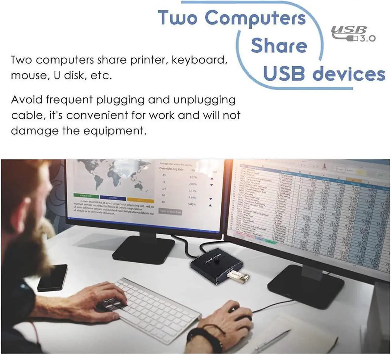 Alt view image 6 of 7 - USB 3.0 Switch Selector, Bi-directional USB Sharing Switch [2 in 1 Out/ 1 in 2 Out], USB 3.0 KVM Switcher Adapter for Keyboard, Mouse, Scanner, Printer  etc.. (2 Pack USB 3.0 Cable Included)