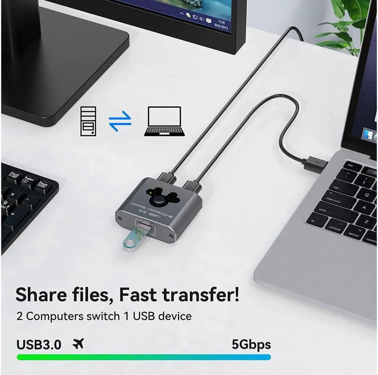 Alt view image 4 of 7 - 2 Port USB 3.0 Switch Bi-Directional KVM Switch USB Switcher 2 in 1 Out / 1 in 2 Out 5Gbps High-Speed USB Switch 2 Computers Share 1 USB Devices for PCs Mouse Keyboard Printer Scanner