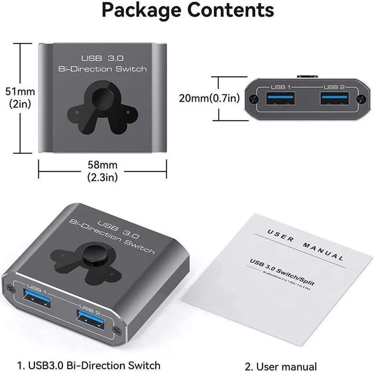 Alt view image 7 of 7 - 2 Port USB 3.0 Switch Bi-Directional KVM Switch USB Switcher 2 in 1 Out / 1 in 2 Out 5Gbps High-Speed USB Switch 2 Computers Share 1 USB Devices for PCs Mouse Keyboard Printer Scanner