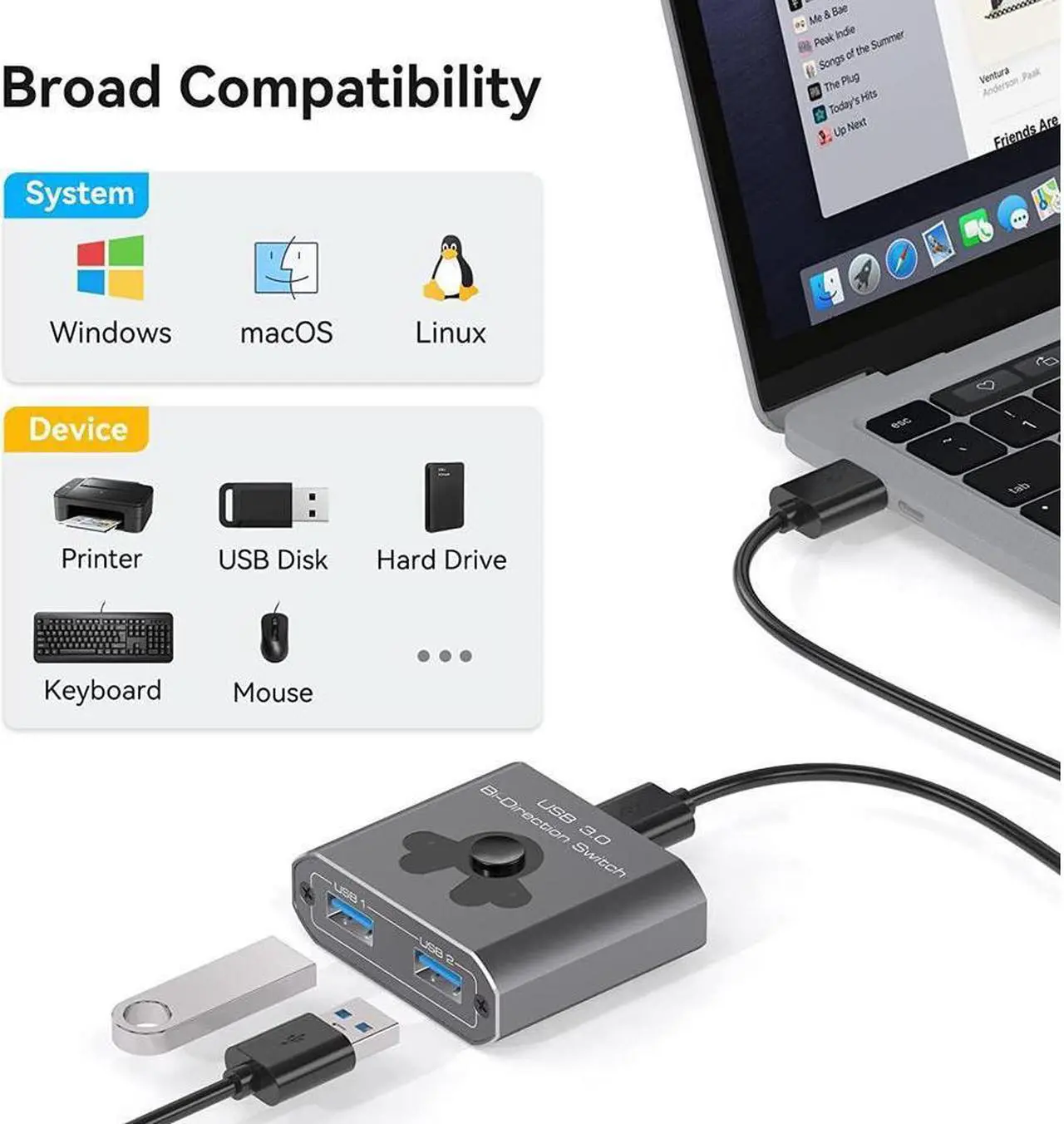Alt view image 6 of 7 - 2 Port USB 3.0 Switch Bi-Directional KVM Switch USB Switcher 2 in 1 Out / 1 in 2 Out 5Gbps High-Speed USB Switch 2 Computers Share 1 USB Devices for PCs Mouse Keyboard Printer Scanner