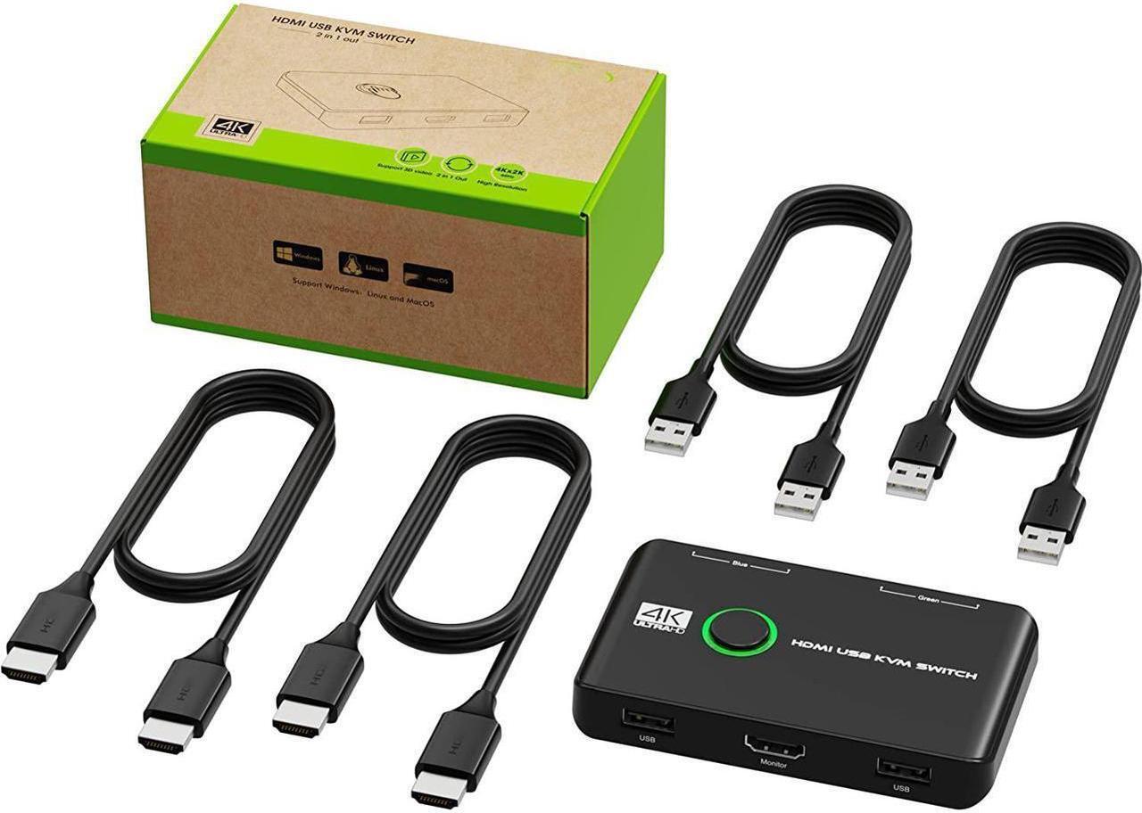Alt view image 7 of 7 - 4K HDMI USB KVM Switch 2 Port Box, USB HDMI-Compatible Switches for 2 Computers Share Keyboard Mouse Printer and one HD Monitor, Support 4K @60Hz, with 2 USB Cables and 2 HDMI-Compatible Cables