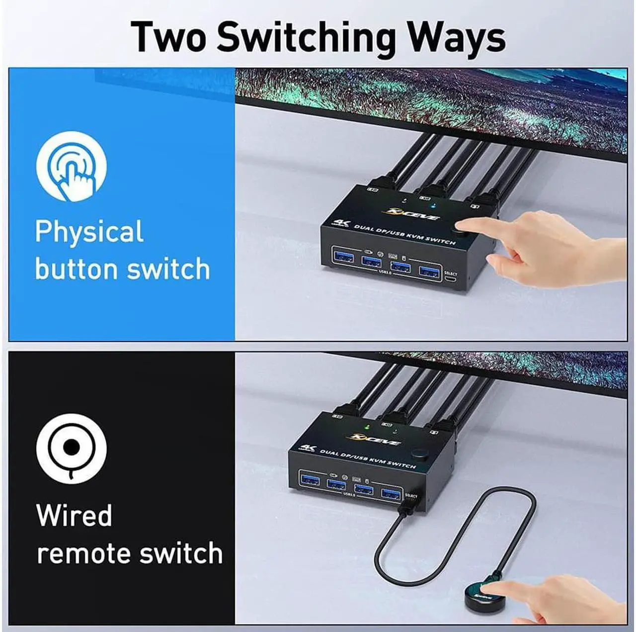 Alt view image 5 of 7 - 2 Ports Dual Monitor DisplayPort KVM Switch 8K @30Hz 4K @60Hz 2 in 2 Out, DP 1.4 KVM Switch and 4 USB 3.0 for 2 Computers, Backward Compatible DP1.2 with DP+USB Cables and Wired Controller included