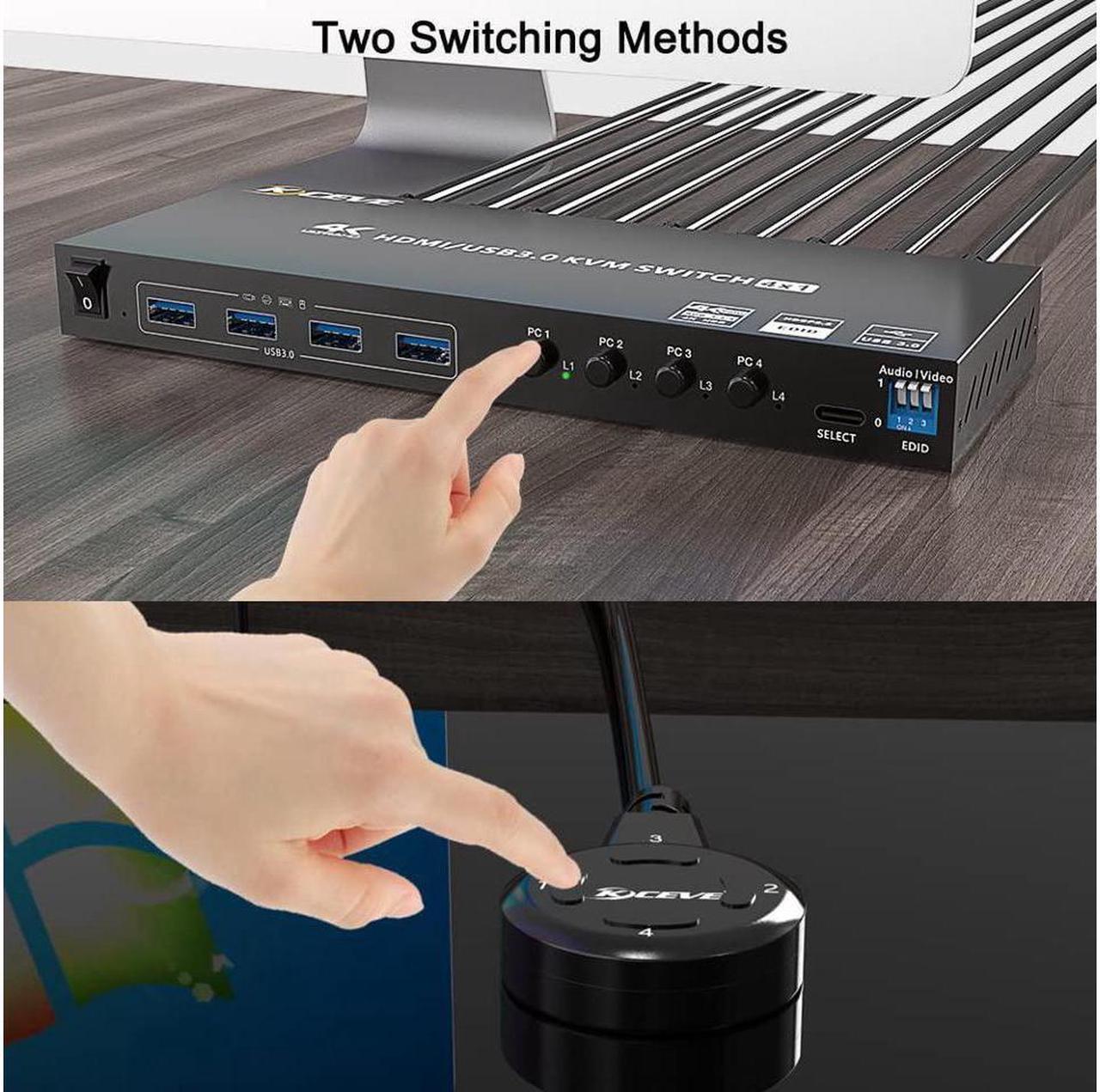 Alt view image 5 of 7 - USB 3.0 HDMI KVM Switch 4 Port Support 4K @60Hz RGB 4:4:4, USB Hub HDR EDID HDMI USB Switch 4 in 1 Out and 4 USB 3.0 Port for Keyboard Mouse Printer, with Controller, USB 3.0 Cables and HDMI-Cable