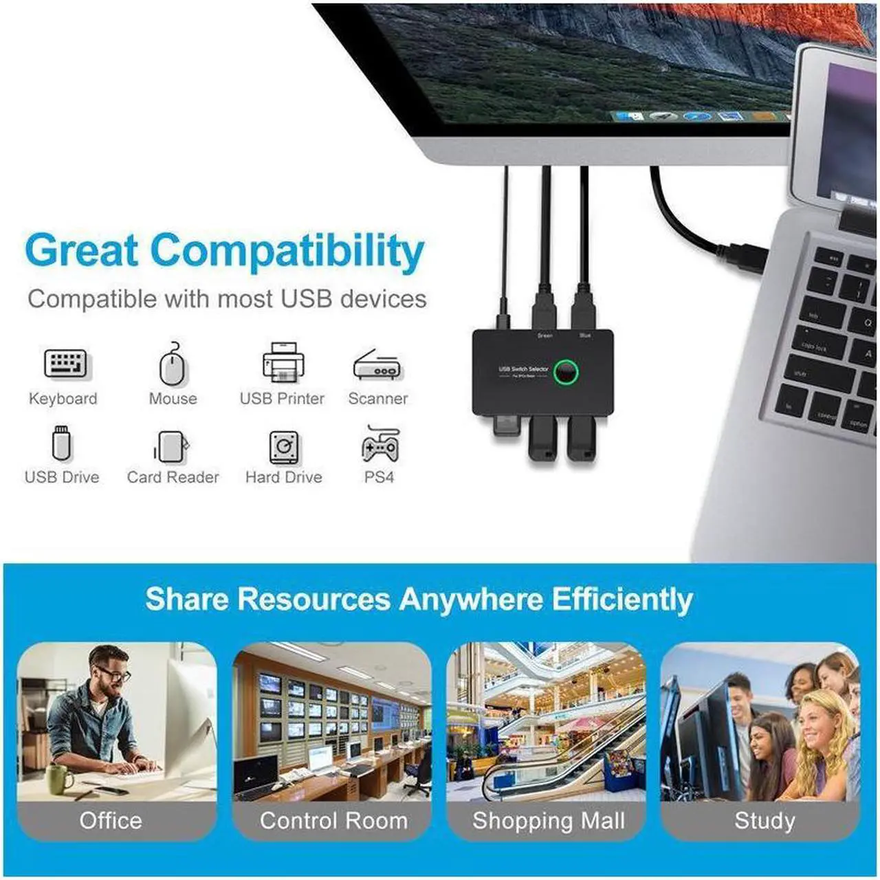 Alt view image 6 of 7 - USB KVM Switch Selector Box USB 3.0 2.0 Switcher 2 Port PCs Sharing 4 Devices for Keyboard Mouse Printer Monitor with 2 USB Cable