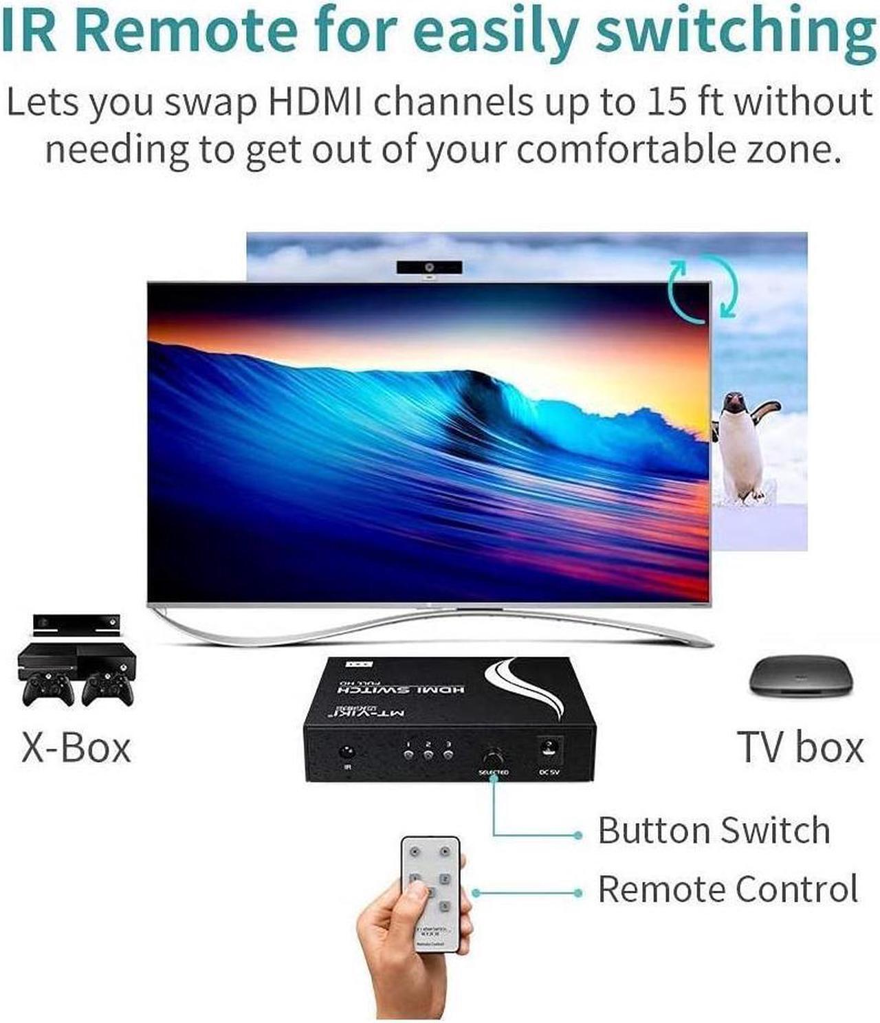 Alt view image 5 of 7 - 4K HDMI Switch 3 in 1 Out w/IR Remote Control, 3 Port Switcher Selector Box for Xbox Nintendo PS3 PS4 TV Fire Stick Roku