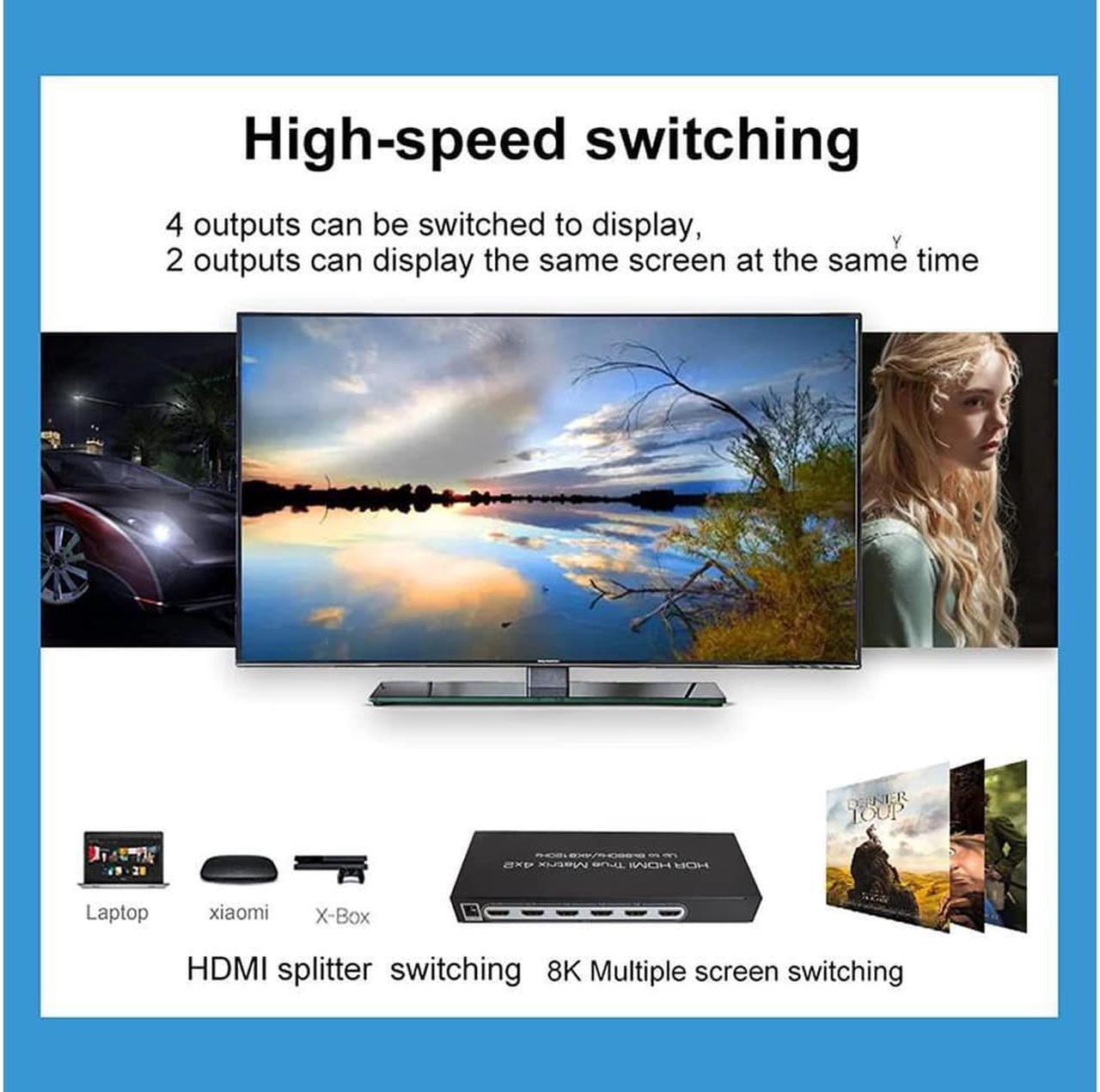 Alt view image 4 of 7 - 8K @60Hz HDR HDMI True Matrix 4x2, 4K @120Hz 4 in 2 Out HDMI Splitter Switcher HDMI Matrix Switch Box V2.1 Speed switcher, Suitable for PS4 HD TV Computer Monitor