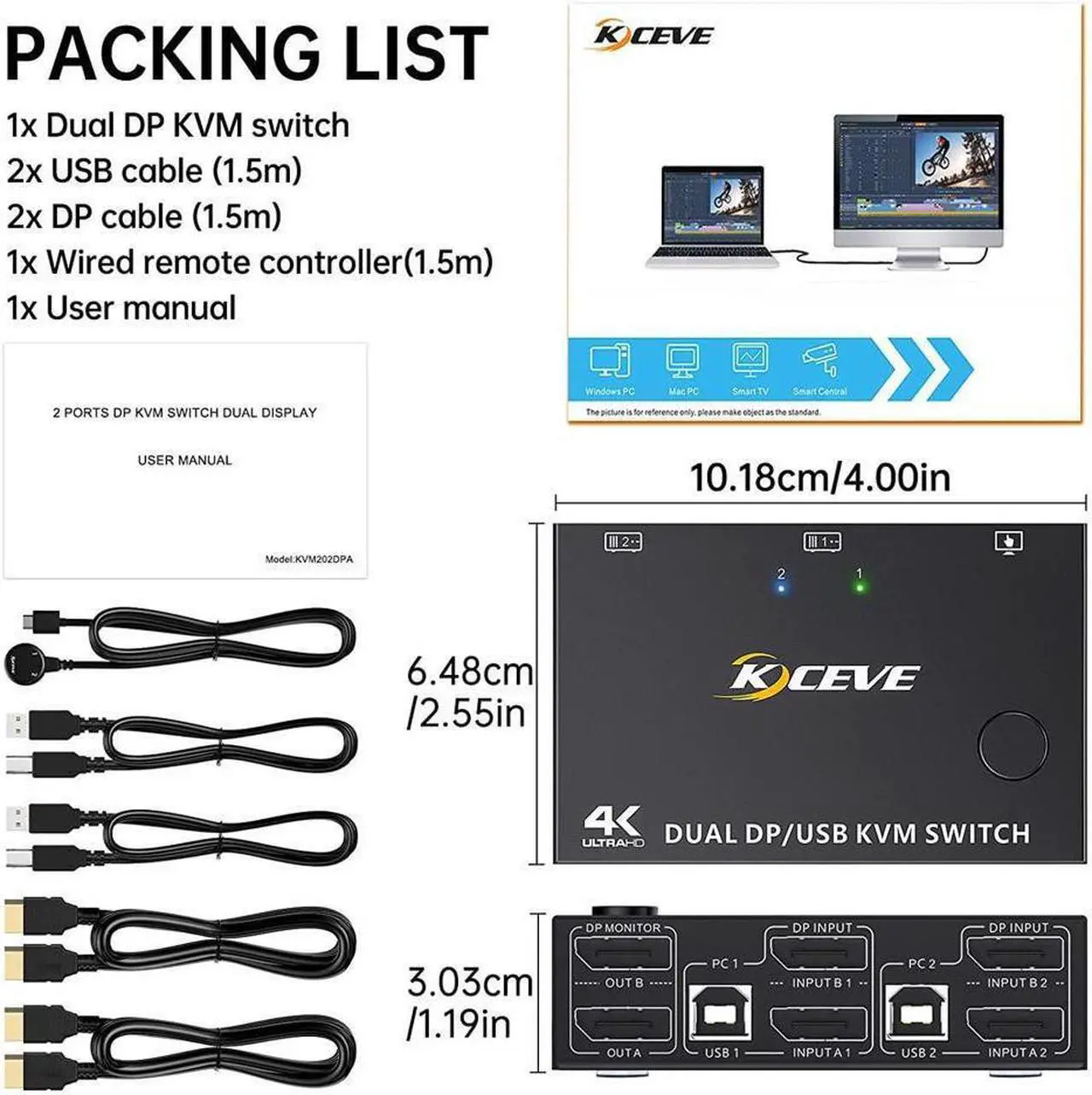 Main image of Dual Monitor Displayport KVM Switch DisplayPort 1.4 8K @30Hz 4K @144Hz, DP Extended Display Port KVM Switch for 2 Computers Share 2 Monitors and 4 USB 2.0 Ports, Wired Remote and 4 Cables Included
