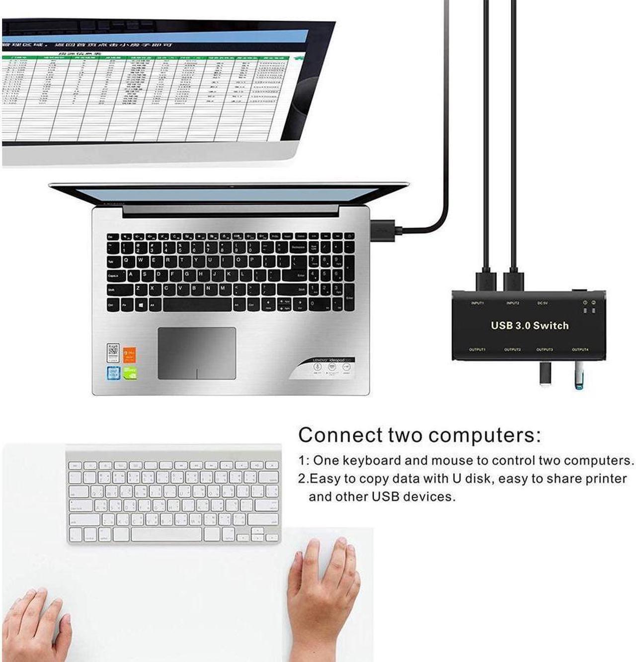 Alt view image 3 of 7 - USB 3.0 Switch Selector, USB KVM Switcher Adapter 4 Port USB Peripheral Switcher Box Hub for Mouse, Keyboard, Scanner, Printer, PCs with One-Button Switch and 2 Pack USB Cable