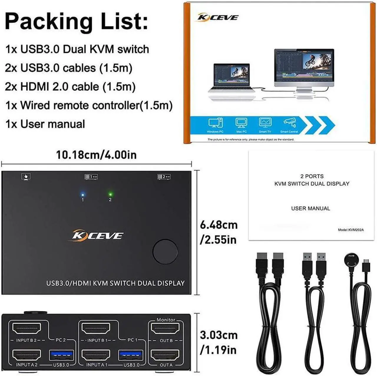 Alt view image 7 of 7 - USB 3.0 Dual Monitor KVM Switch HDMI 4K @60Hz 2K @144Hz Simulation EDID, USB HDMI Extended Display Switcher for 2 Computers Share 2 Monitors and 4 USB 3.0 Ports, Wired Remote and Cables Included