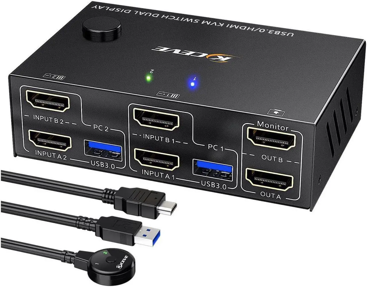 Main image of USB 3.0 Dual Monitor KVM Switch HDMI 4K @60Hz 2K @144Hz Simulation EDID, USB HDMI Extended Display Switcher for 2 Computers Share 2 Monitors and 4 USB 3.0 Ports, Wired Remote and Cables Included