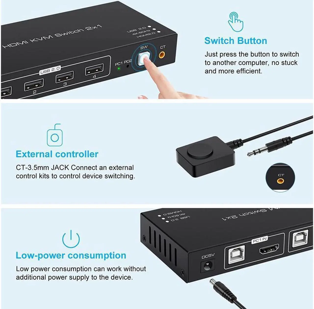 Alt view image 4 of 7 - KVM Switch HDMI 2 Port 4K @60Hz, 2 in 1 Out HDMI KVM Switch with 4 Port USB 2.0 for 2 Computers 1 Monitor Share Keyboard Mouse Printer Support Wired-Desktop Controller Including 2 USB 2.0 Cable
