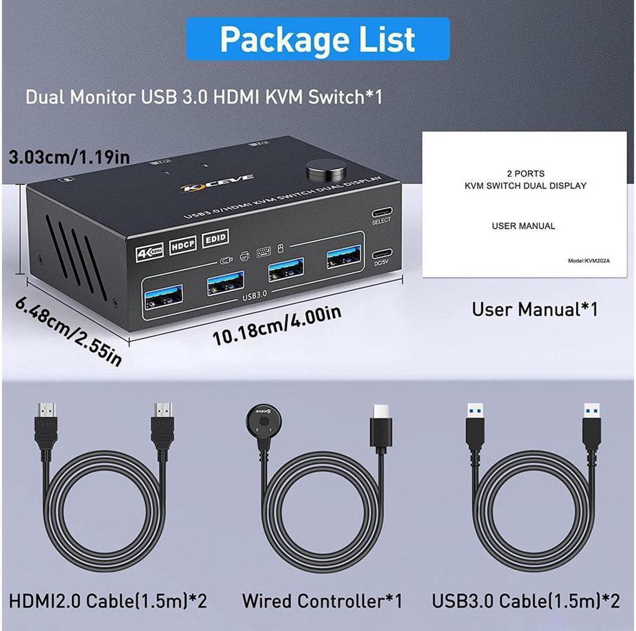 Alt view image 7 of 7 - USB 3.0 Dual Monitor KVM Switch HDMI 2 Port 4K @60Hz Simulation EDID 2 in 2 Out Switch, USB HDMI Extended Display Switcher for 2 Computers Share 2 Monitors and 4 USB 3.0 Devices, with Wired Controller