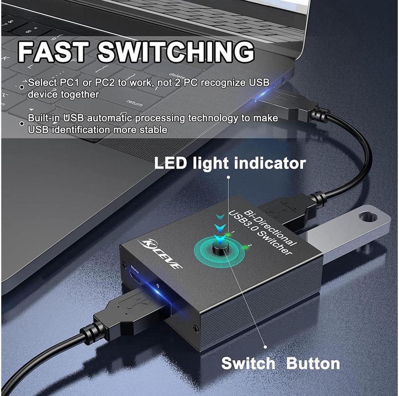 Alt view image 4 of 7 - USB 3.0 Switch Selector, Bi-Directional USB Switch 2 in 1 Out / 1 in 2 Out, USB Switcher for 2 Computers Share Keyboard Mouse Scanner Printer, Desktop Controller and 2 USB3.0 Cables Included