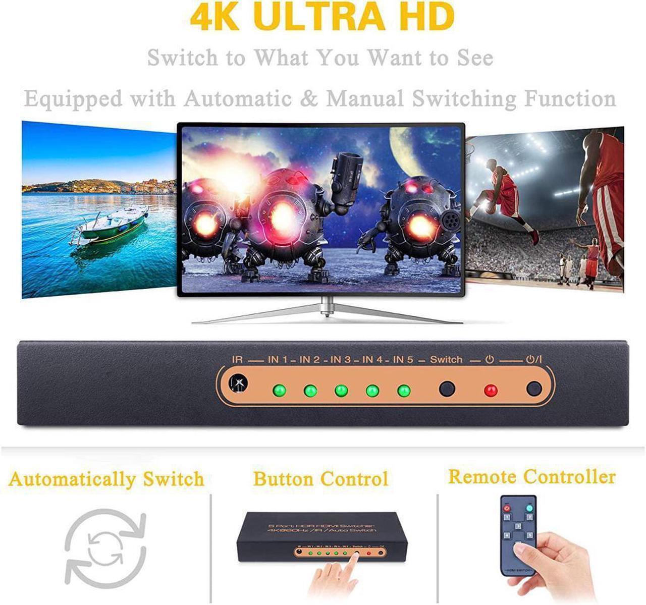 Alt view image 4 of 7 - 5 Ports HDMI Switch 4K, 5x1 HDMI Splitter Switch 5 In 1 Out HDMI Switcher with IR Remote Support 4K 60hz, 2K, 1080P, 3D, HDCP 2.2, UHD, HDR for PS 3/4, XBOX One/360, DVD Player, HDTV, Projector