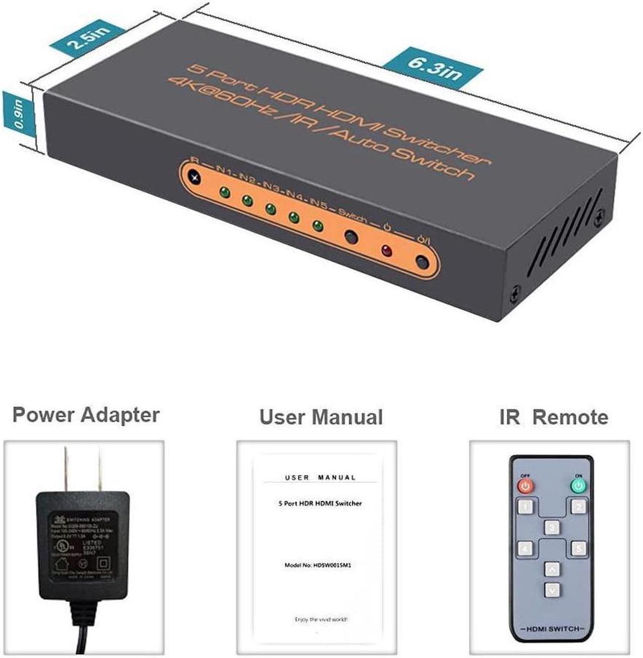 Alt view image 7 of 7 - 5 Ports HDMI Switch 4K, 5x1 HDMI Splitter Switch 5 In 1 Out HDMI Switcher with IR Remote Support 4K 60hz, 2K, 1080P, 3D, HDCP 2.2, UHD, HDR for PS 3/4, XBOX One/360, DVD Player, HDTV, Projector