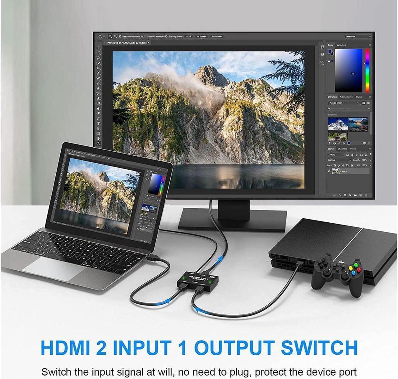 Alt view image 3 of 7 - 8K HDMI Switcher - 2 Ports HDMI 2.1 Switcher 2 in 1 Out HDMI Switcher Support 8K @60Hz 4K @120Hz 3D HDR for PS5 PS4 Pro Xbox One X Blue-Ray HDTV Player