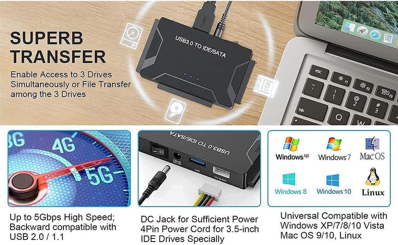 Alt view image 4 of 7 - USB 3.0 to IDE/SATA Hard Drive Adapter, SATA IDE to USB 3.0 External Converter for 2.5" 3.5" IDE SATA HDD SSD DVD Optical Drive, Universal Hard Drive Reader w/12V 2A Power Supply Support 6TB