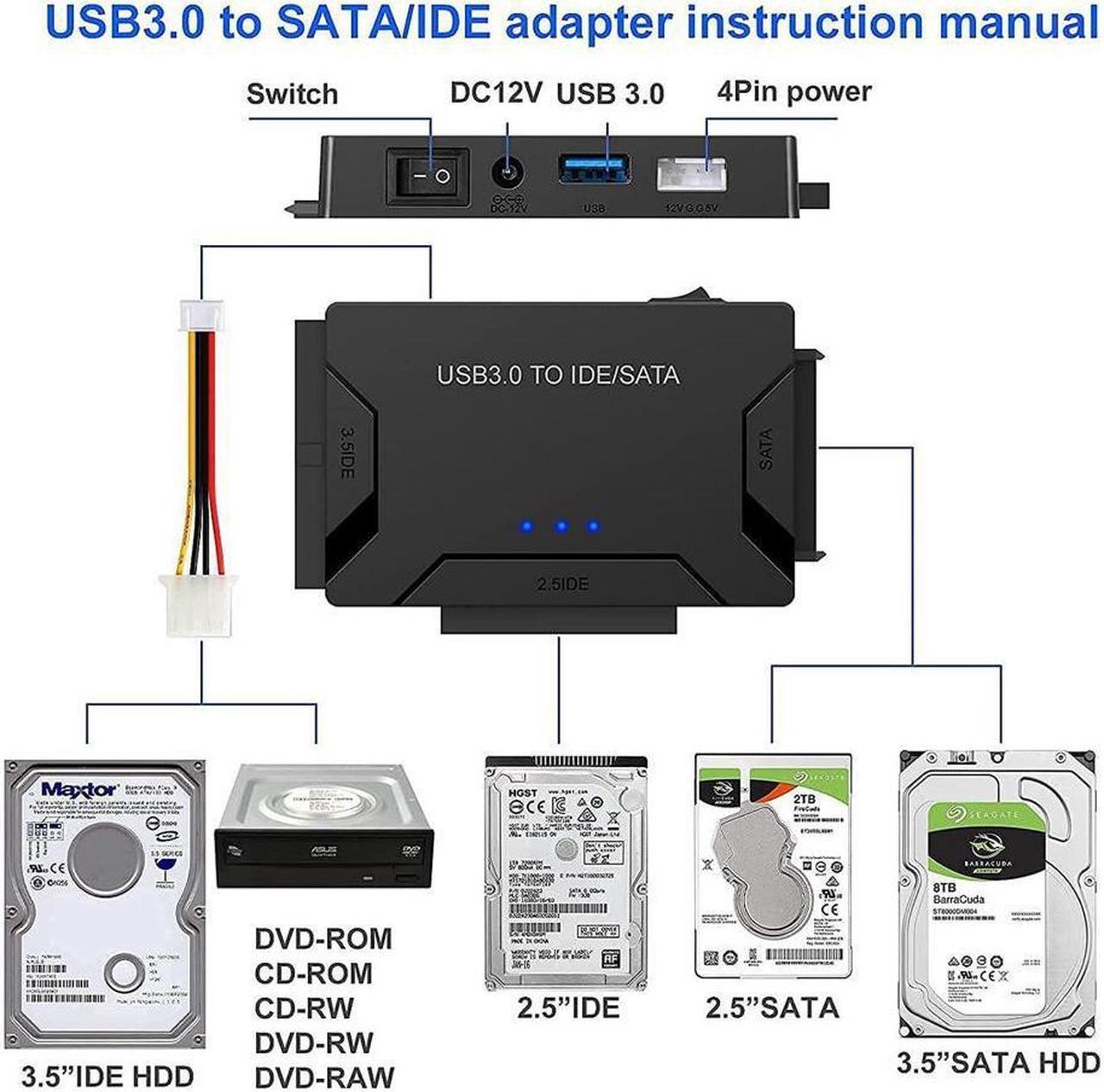 Alt view image 5 of 7 - USB 3.0 to IDE/SATA Hard Drive Adapter, SATA IDE to USB 3.0 External Converter for 2.5" 3.5" IDE SATA HDD SSD DVD Optical Drive, Universal Hard Drive Reader w/12V 2A Power Supply Support 6TB