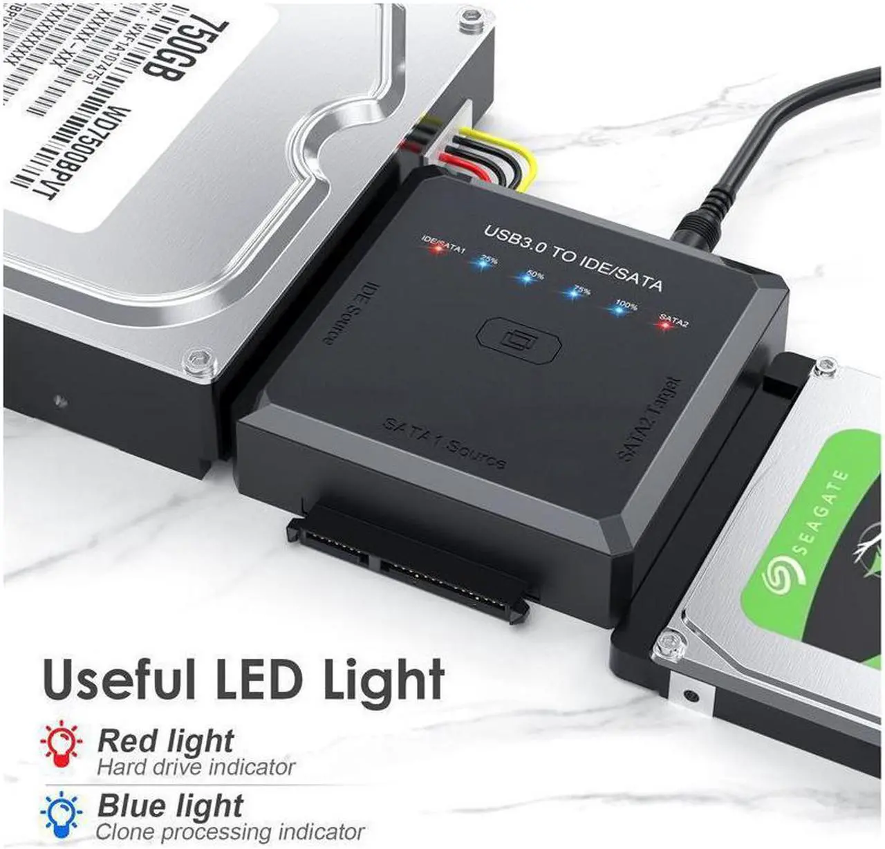Alt view image 3 of 7 - SATA/IDE to USB 3.0 Adapter, Hard Drive Adapter Cable for Universal 2.5/3.5 Inch IDE/SATA w/One Touch Backup, External Hard Drive Reader for 2.5" 3.5" SSD HDD CD/DVD Optical Drives w/12V/2A Adapter