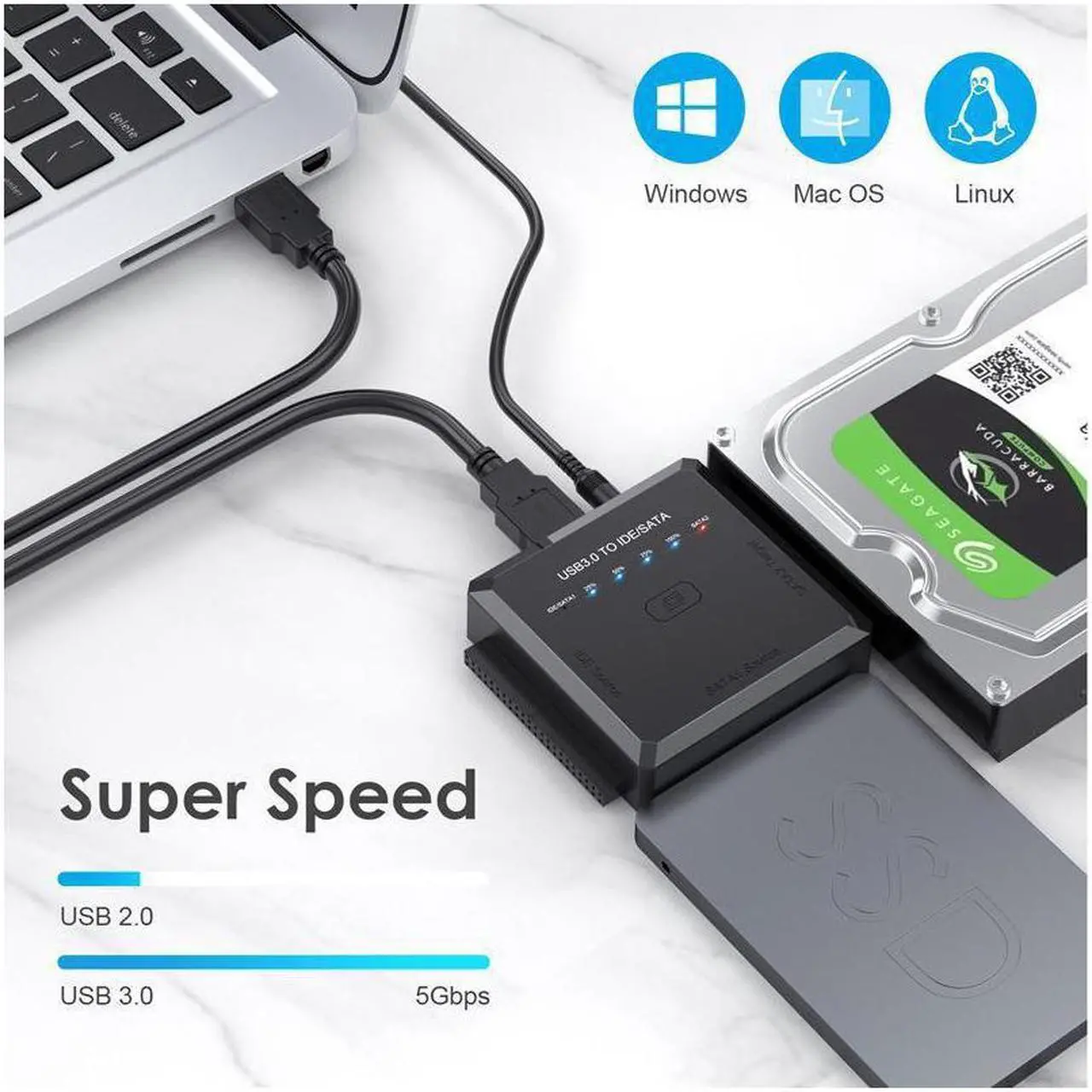 Alt view image 4 of 7 - SATA/IDE to USB 3.0 Adapter, Hard Drive Adapter Cable for Universal 2.5/3.5 Inch IDE/SATA w/One Touch Backup, External Hard Drive Reader for 2.5" 3.5" SSD HDD CD/DVD Optical Drives w/12V/2A Adapter