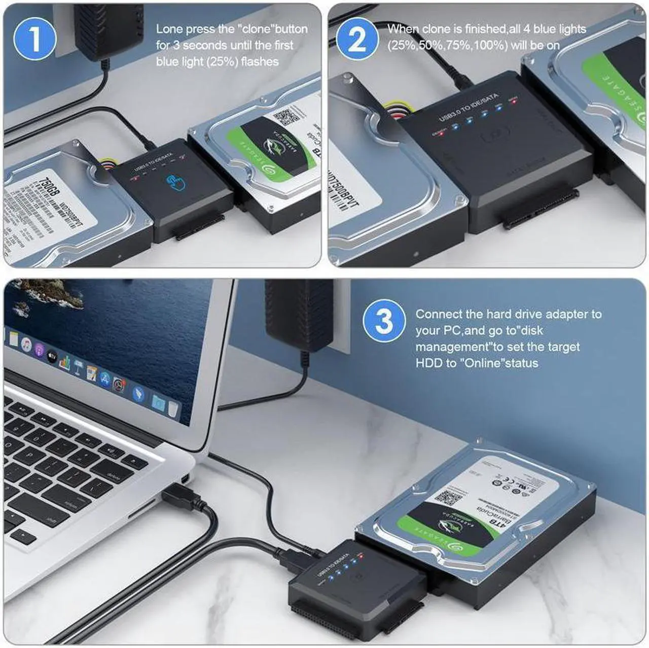 Alt view image 2 of 7 - SATA/IDE to USB 3.0 Adapter, Hard Drive Adapter Cable for Universal 2.5/3.5 Inch IDE/SATA w/One Touch Backup, External Hard Drive Reader for 2.5" 3.5" SSD HDD CD/DVD Optical Drives w/12V/2A Adapter