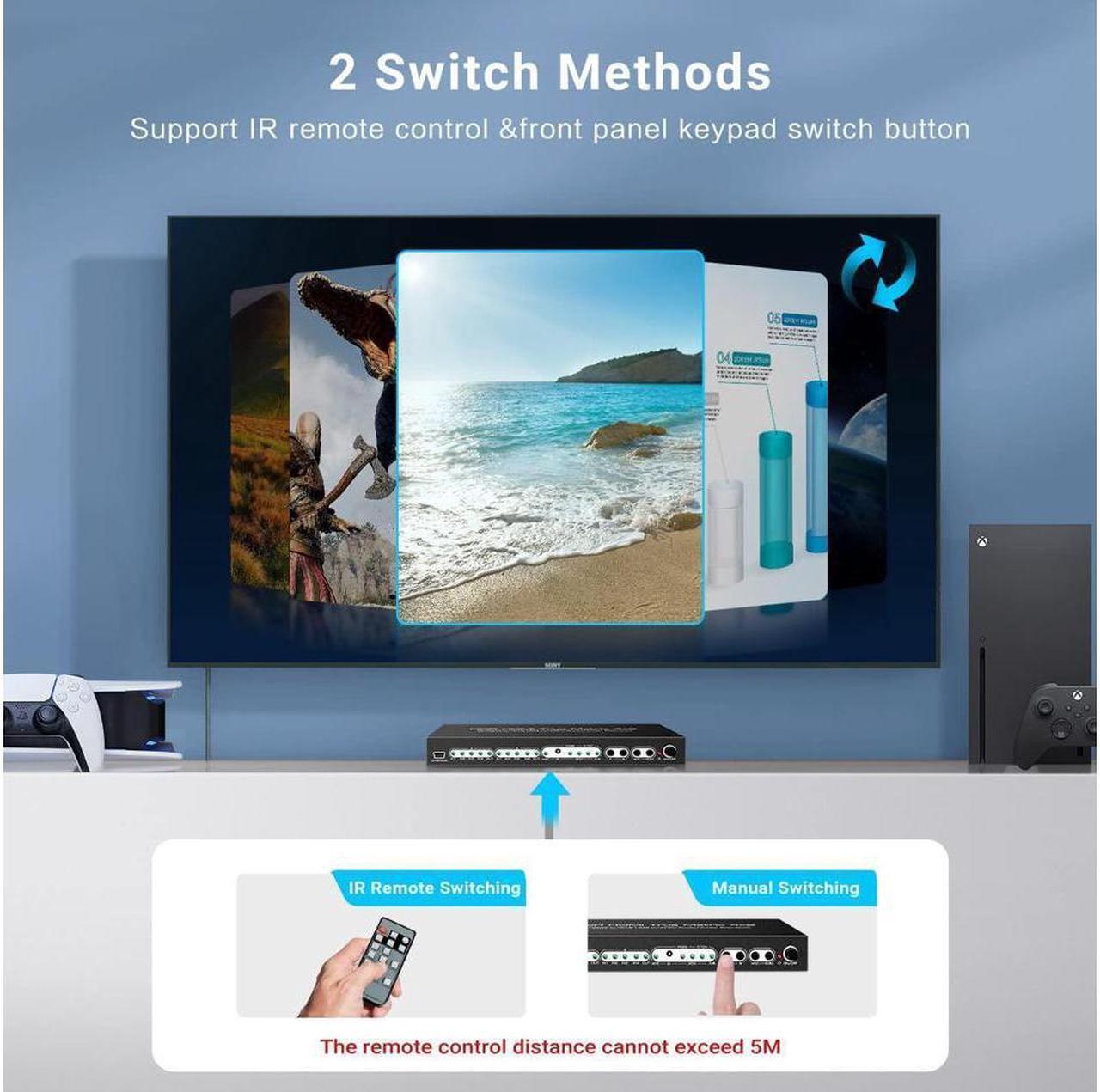 Alt view image 5 of 7 - 8K HDMI Matrix, HDMI2.1 8K 4K Matrix Switch Splitter 8K @60Hz HDMI 2.1 Matrix 4x2 Switcher 4 in 2 Out 4K @120HZ with Remote Support 48Gbps HDR10 HDCP2.3 Dolby Vision Atmos SPDIF 5.1CH ARC