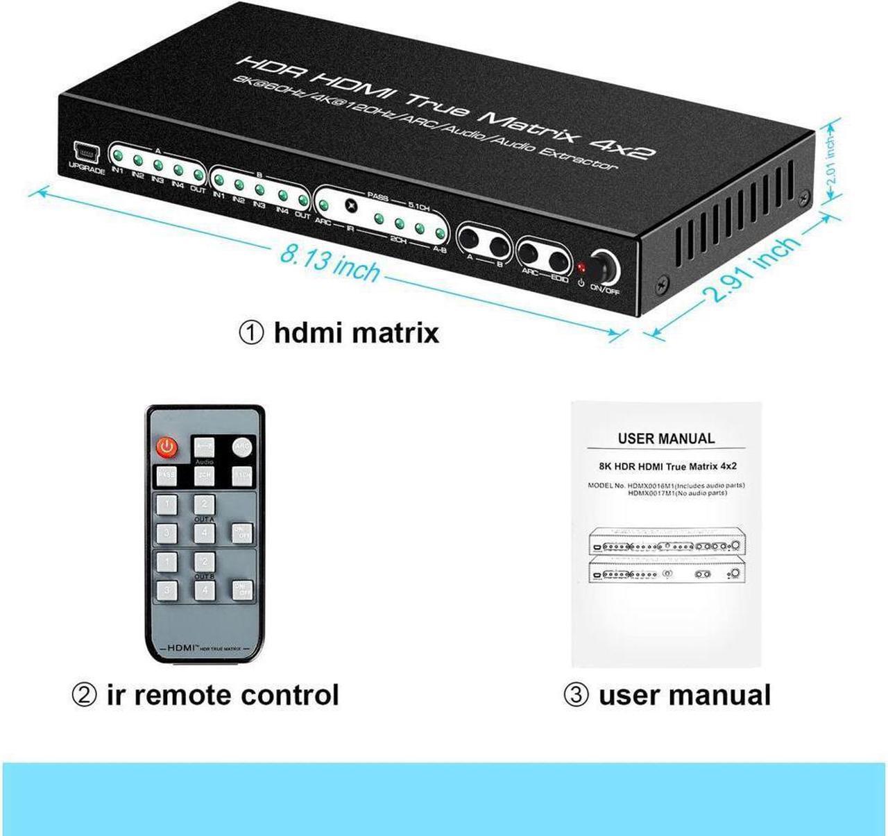 Alt view image 7 of 7 - 8K HDMI Matrix, HDMI2.1 8K 4K Matrix Switch Splitter 8K @60Hz HDMI 2.1 Matrix 4x2 Switcher 4 in 2 Out 4K @120HZ with Remote Support 48Gbps HDR10 HDCP2.3 Dolby Vision Atmos SPDIF 5.1CH ARC