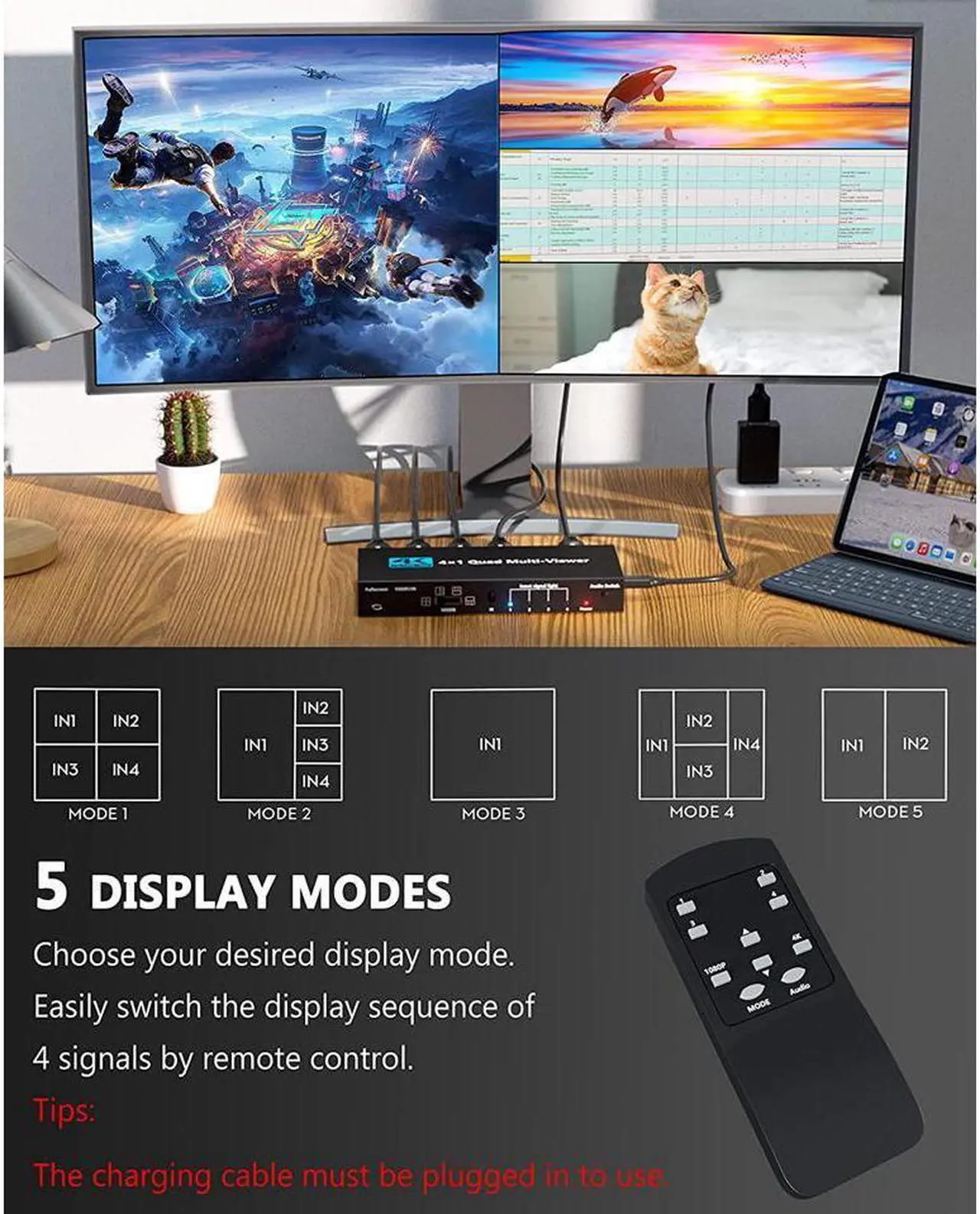 Alt view image 2 of 7 - 4K HDMI Multiviewer Switch 4x1, HDMI Quad Seamless Switcher/Screen Divider 4 in 1 Out with IR Remote Control, Support 4K, 1080P, HDCP 1.4 and 5 Display Modes for Security Camera, PS4, Laptop, Monitor