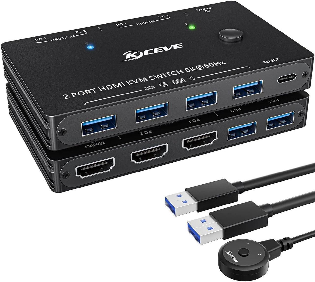 KVM Switch HDMI 2 Port Box,USB 3.0 and HDMI Switch 8K@60Hz for 2 Computers Share Keyboard Mouse Printer and 1 HD Monitor,with Remote and Cables