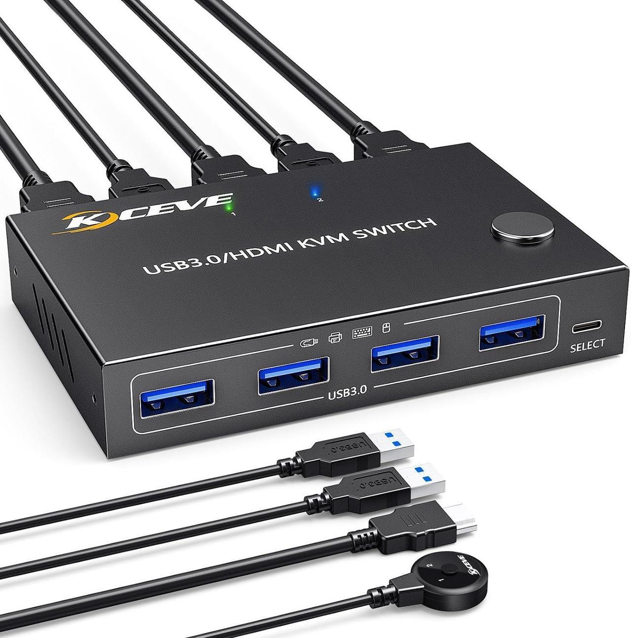 KVM Switch HDMI 2 Port Box,USB 3.0 and HDMI Switch 4K@60Hz 2K@144Hz Simulation EDID for 2 Computers Share Keyboard Mouse Printer and one HD Monitor,with Remote and Cables