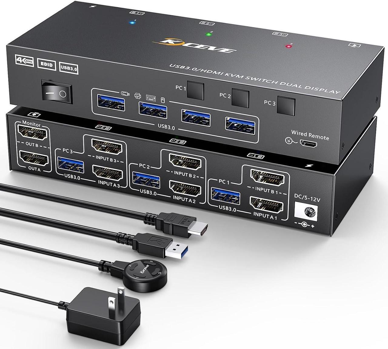 HDMI KVM Switch 2 Monitors 3 Computers 4K@60Hz, EDID simulationDual Monitor KVM Switch for 3 Computers Share 2 Displays and Keyboard Mouse Printer, Wired Remote and 5 Cables Included