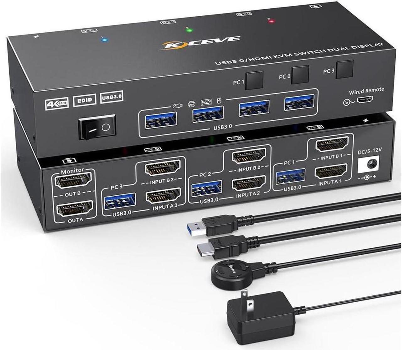 Dual Monitor KVM Switch USB 3.0 HDMI KVM Switch for 2 Monitors 3 Computers 4K@60Hz 2K@144Hz, with EDID Emulator, Dual Monitor KVM Switch with 4 USB 3.0 Ports, Wired Remote and Cables Included