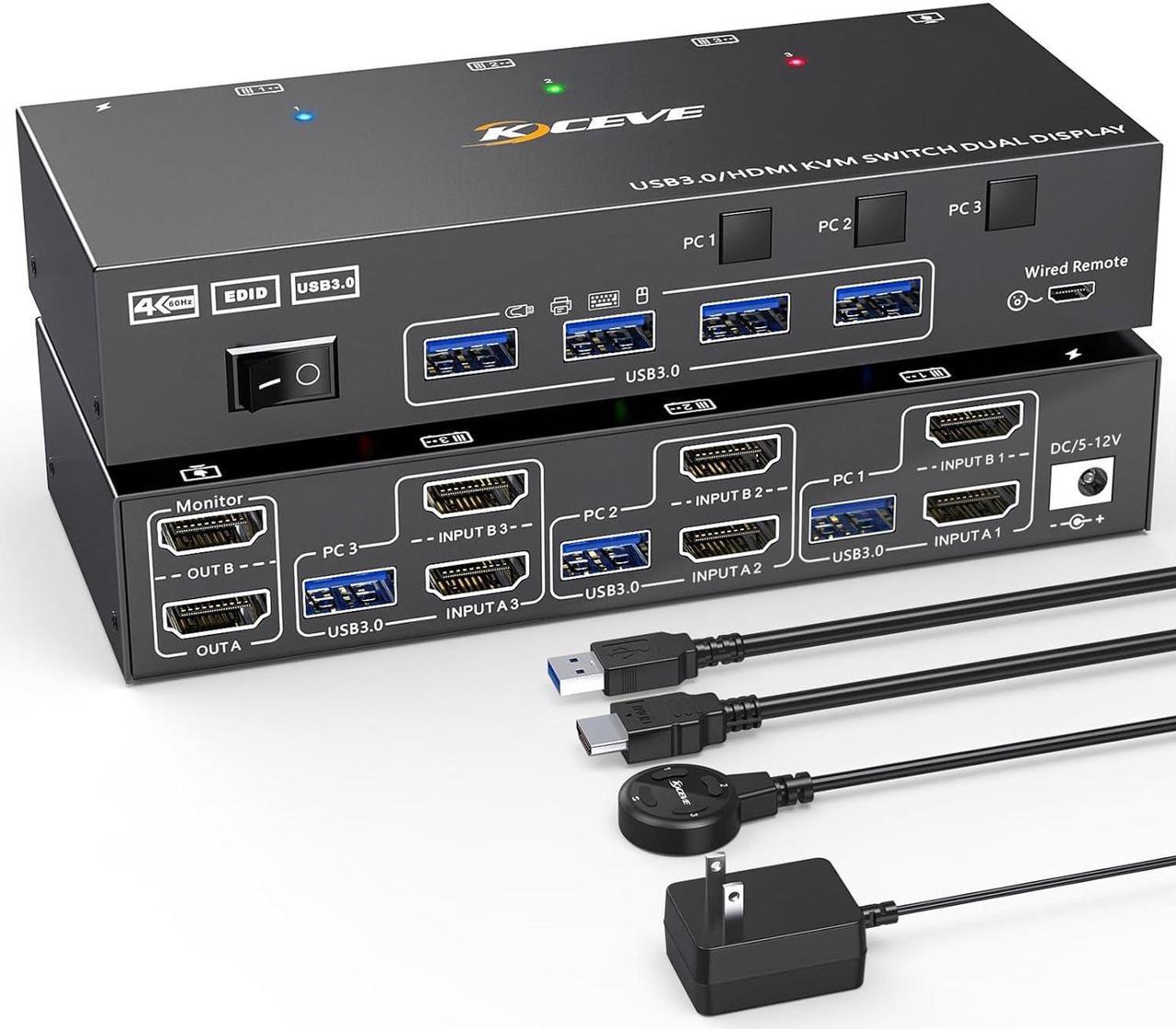 Dual Monitor KVM Switch USB 3.0 HDMI KVM Switch 2 Monitors 3 Computers 4K@60Hz 2K@144Hz, EDID Emulator, Dual Monitor KVM Switch with 4 USB 3.0 Ports,Wired Remote and Cables Included