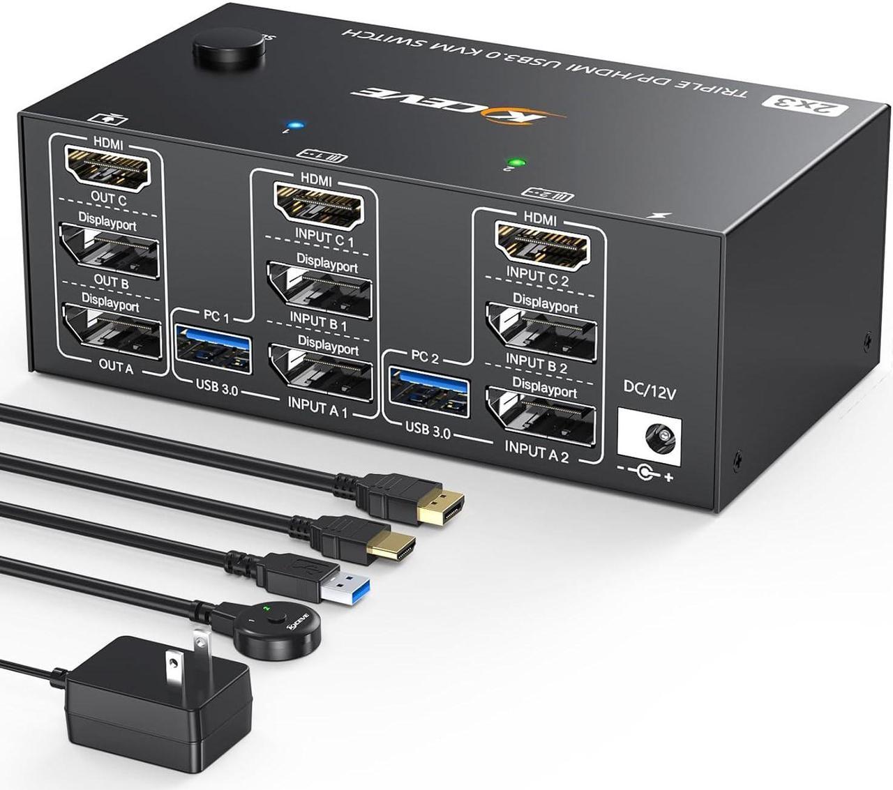 KVM Switch 2 Computers 3 Monitors, KCEVE USB 3.0 HDMI + DisplayPort 8K@30Hz/4k@144Hz Triple Monitor DP KVM Switcher for 2 Computer Share 3 Display and 4 USB 3.0 Devices, Wired Remote Included