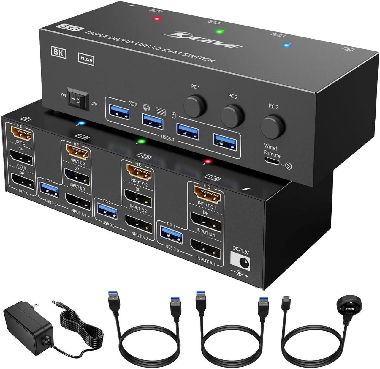 KVM Switch 3 Computers 3 Monitors, KCEVE HDMI + DisplayPort USB 3.0 KVM Switcher, 8K@30Hz/4k@144Hz Triple Monitor DP KVM for 3 PC Share 3 Display and 4 USB 3.0 Devices, Wired Remote Included