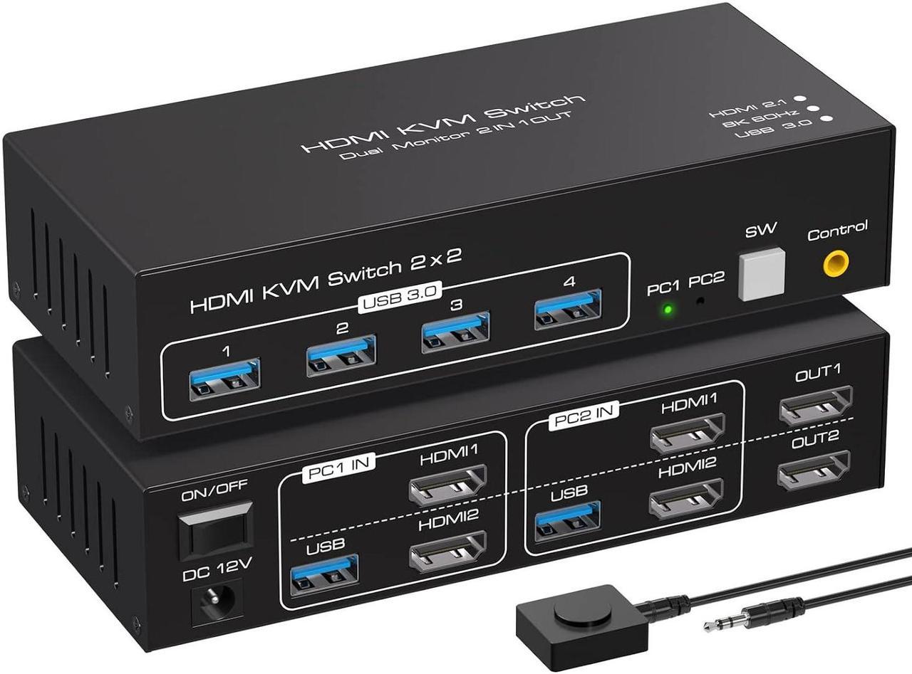 8K KVM Switch HDMI 2 Monitors 2 Computers Support 8K@60Hz 4K@120Hz KVM Switcher PC Display Share 2 Monitors and 4 USB 3.0 Support Copy and Extend Mode Includes Desktop Control and Power Adapte